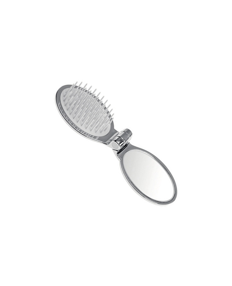 Folding hairbrush with mirror, silver color - code: CRSP03