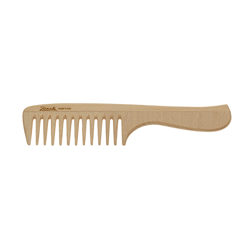 Pettine Jäneke con manico ergonomico in legno di faggio evaporato e denti stretti per capelli